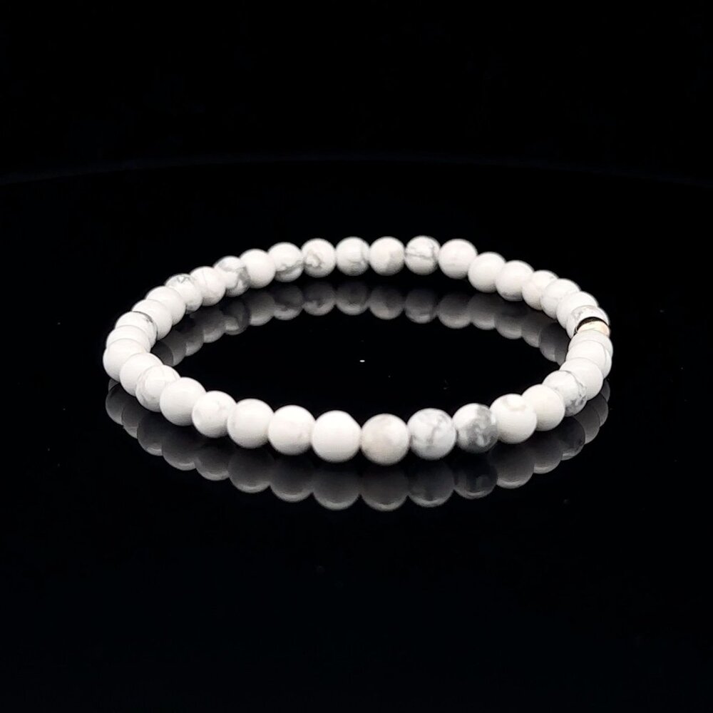 Gemstones Howlite Mini 4mm Stretchable Bracelet 14k Gold Bead Charm - Picture 5 of 5